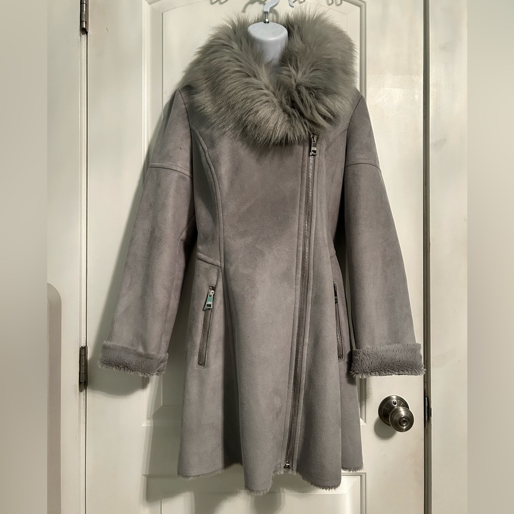 Catherine Malandrino Faux Suede Shearling Fur Coat Dove Grey M - Picture 3 of 9